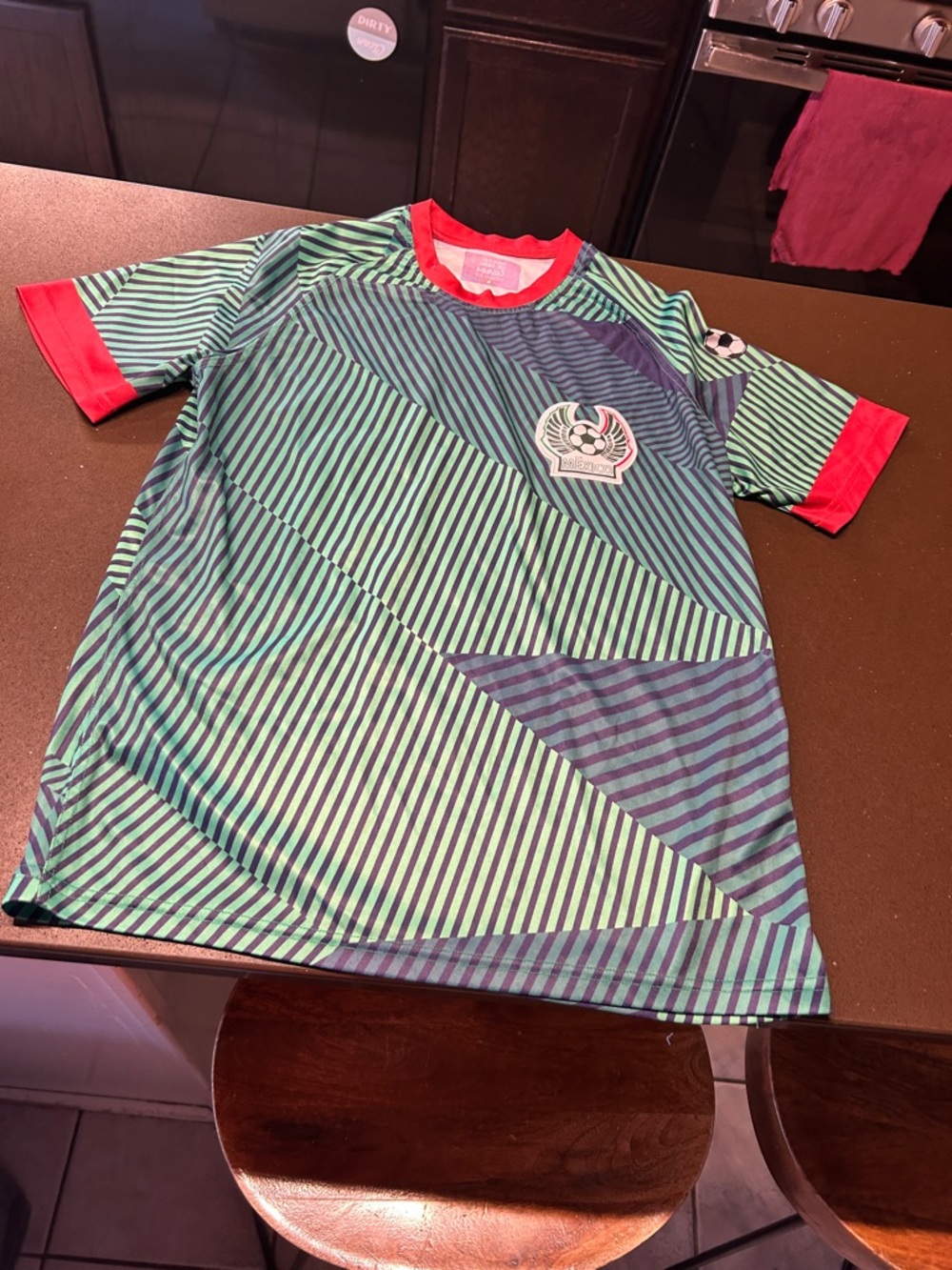 Kids' Green & Navy Striped Soccer Tee with Red Trim